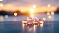 Pink and transparent pills scattered on reflective surface with dreamy bokeh sunset background creating atmospheric medical or pharmaceutical composition.