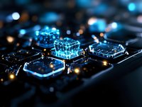 Glowing blue computer keyboard keys with bokeh effect in dark setting creates futuristic cybersecurity and technology concept for digital transformation.