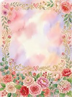 Watercolor floral frame with roses, peonies, and decorative botanical elements on soft pastel background. Isolated design ready for invitations, cards, and creative projects.