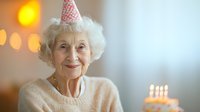 Senior Caucasian woman with white curly hair wearing party hat smiles warmly at birthday celebration with cake and glowing candles in soft ambient lighting.