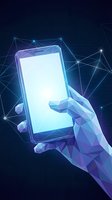 Low poly hand holding smartphone with blank screen on futuristic network background for digital technology and mobile app design concepts.