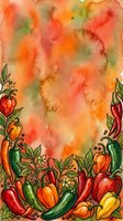 Watercolor illustration of vibrant red, orange, yellow and green peppers with leaves arranged at bottom border on warm gradient background. Suitable for culinary designs, recipe cards, kitchen decor, food packaging and restaurant menus.