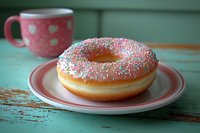 Pink frosted donut with colorful sprinkles on vintage plate, pink heart-patterned mug in background against rustic turquoise wooden table surface, cozy breakfast setting.