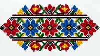 Traditional Ukrainian folk embroidery pattern with colorful floral motifs in cross-stitch style on white background, isolated for design use.