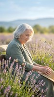 Senior Caucasian woman with gray hair sitting peacefully in blooming lavender field with butterflies, enjoying nature and tranquil outdoor moment.