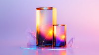 Glowing neon frames with smoke effects on purple background create modern futuristic composition with vibrant orange sunset gradient and reflective surface.