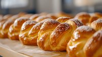 Fresh baked challah bread loaves with golden crust and sesame seeds arranged in row on wooden surface, traditional Jewish braided bread for Shabbat.