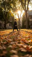 Young woman walking through autumn campus courtyard with golden sunlight filtering through trees and colorful fallen leaves covering ground.
