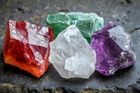 Raw mineral crystals in vibrant colors of red carnelian, clear quartz, green fluorite and purple amethyst on dark stone surface, macro photography for spiritual healing.