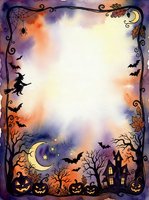 Halloween watercolor frame with pumpkins, bats, witch silhouette, haunted house and autumn leaves creating spooky border for seasonal designs and invitations.