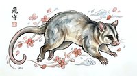 Possum walking among falling cherry blossoms and clouds in traditional Asian ink wash style artwork with calligraphy seal, suitable for prints and home decor.