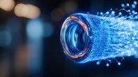 Glowing fiber optic cable with blue light and orange ring emitting digital data streams against dark background, representing high-speed internet connectivity.