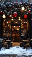 Cozy winter cafe entrance decorated with snow-covered evergreen garlands, glowing Christmas ornaments, and warm lights. Wooden bistro tables and chairs create welcoming outdoor seating.