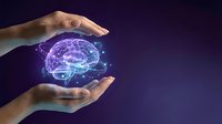 Human hands protecting glowing digital brain with neural networks on dark purple background for mental health and neuroscience concepts.