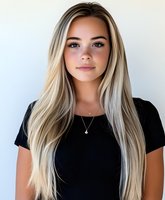 Young Caucasian woman with long blonde hair and natural makeup wearing black t-shirt and delicate necklace against light background, looking directly at camera with gentle smile.