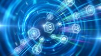 Digital technology network with glowing icons and data streams in blue cyber space tunnel for business innovation and connectivity solutions.