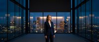 Professional businesswoman in dark suit standing confidently in modern glass office corridor with panoramic city skyline view at dusk for corporate success.