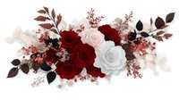 Elegant floral arrangement with deep red and white roses, dark leaves, and delicate pink blossoms on transparent background for wedding designs and romantic layouts.