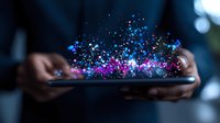 Magical glowing particles bursting from smartphone screen held in hands, creating ethereal blue and purple sparkles against dark background. For tech and innovation concepts.