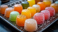 Colorful fruit jelly candies covered in sugar crystals arranged on wire cooling rack. Sweet confectionery treats in rainbow colors for dessert and snack concepts.