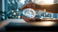 Hands protecting glowing brain with security network connections and lock icons representing cybersecurity, data protection and artificial intelligence.