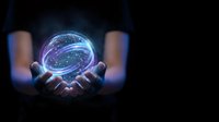 Hands holding glowing digital sphere with neural network patterns, representing technology, artificial intelligence, innovation, and future digital transformation concepts.