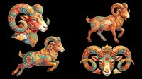 Colorful ornate ram set in traditional folk art style, isolated on transparent background. Four poses, great for stickers, t-shirt design, print on demand, sublimation, clipart.