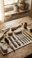 Natural eco-friendly spa and wellness tools arranged on rustic wooden table with warm sunlight, sustainable self-care and massage accessories for relaxation.