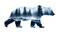 Double exposure silhouette of polar bear with misty forest landscape and stormy ocean waves inside, artistic nature composition on white background.