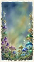Enchanted forest mushrooms with ornate golden vines frame this whimsical watercolor background. Magical toadstools in purple, blue, and green tones glow softly against a dreamy blue-green gradient sky. Perfect for fantasy designs, book covers, and creative projects.