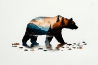 Double exposure silhouette of brown bear with mountain landscape, lake reflection and swimming fish, set against white background for creative design use.