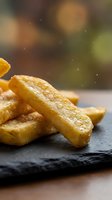 Golden crispy french fries with sea salt on dark slate board, warm bokeh background creates cozy restaurant atmosphere for food photography and menu design.