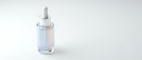 Transparent glass dropper bottle with clear liquid and white pipette cap on isolated white background, ready for cosmetic, skincare, or medical product packaging design.