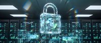 Digital cybersecurity concept with glowing padlock hologram in futuristic data center server room for network protection and information security solutions.