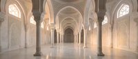 Majestic Islamic architecture interior with ornate arches, marble columns and geometric patterns. Grand mosque or palace hall with warm lighting and intricate details.