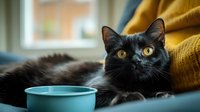 Black cat with bright yellow eyes lying on couch near turquoise bowl, looking up with alert expression against yellow blanket background in home setting.
