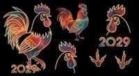 Colorful rooster set for Chinese New Year 2029, isolated on transparent background. Includes full body, head, claw clipart for stickers, sublimation, t-shirt design, print on demand.