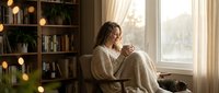 Young woman with curly hair enjoying hot beverage by window in cozy living room with bookshelves and warm lighting for relaxation and comfort concepts.