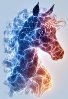 Mystical horse head silhouette with glowing energy effect in blue and orange colors, featuring ethereal smoke and lightning patterns creating magical artistic composition.
