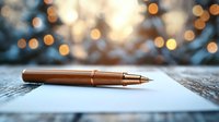 Elegant copper-colored pen lying on white paper against blurred bokeh lights background, creating atmospheric composition for business and writing concepts.