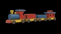 Wooden toy train set with locomotive, tender car, cargo cars, and caboose in red, blue, and yellow. Isolated on transparent background, ready for clipart, t-shirt design, stickers, print-on-demand, and sublimation projects.