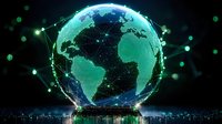 Glowing digital Earth with network connections and city lights reflecting on water surface against dark background, green and blue technological concept.