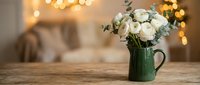 White roses in green ceramic pitcher on wooden table with warm bokeh lights creating cozy home atmosphere for romantic decor and interior design.