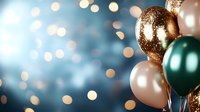 Festive balloons in gold, emerald green and pearl white against blurred bokeh background create elegant party atmosphere for celebration designs.