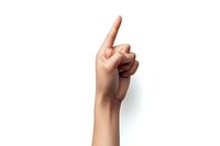 Female hand showing number one or pointing up gesture against white background, isolated cutout for design and advertising layouts.