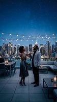 Elegant African American couple toasting with champagne on a rooftop terrace at night, city skyline and string lights glowing behind them.