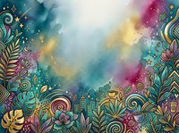 Colorful watercolor background with tropical leaves, flowers, and doodle elements in teal, gold, and pink tones with copy space.