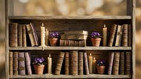 Vintage wooden bookshelf with antique leather books, lit candles and purple flowers in terracotta pots creating cozy rustic home library atmosphere.