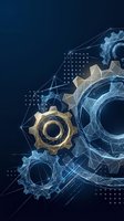 Glowing polygonal gears on dark blue background, digital technology concept with wireframe mesh and connected dots for business and tech design.