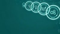 Business innovation concept with interconnected circles showing lightbulb, gears and growth icons on teal background for corporate presentations.